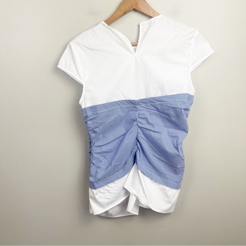 Zara White and Light Blue Ruched Front Short Sleeve Top - Picture 6 of 9